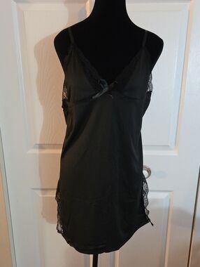 Mijoho Black Lace-Trim Chemise Slip Dress & Thong Set